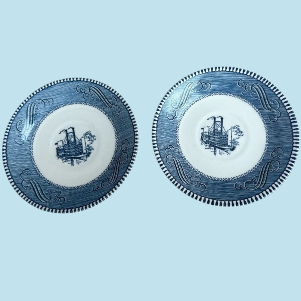 Set of 2 Vintage Currier & Ives Blue Saucers 6" Steamboat Scene Royal China USA